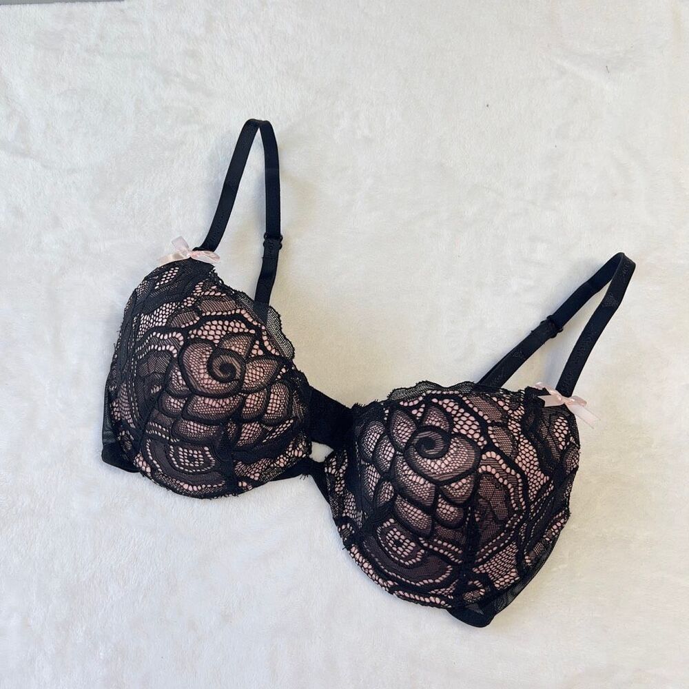 Betsey Johnson Black Pink Lace Push Up Bra 34C Women
